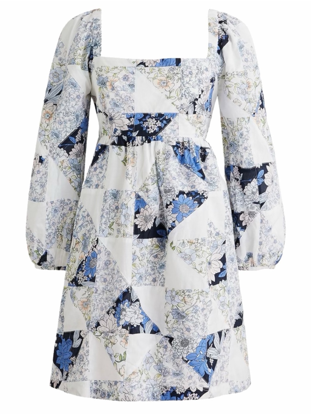 J. Crew Squareneck Cotton Blue and White Floral Patchwork Dress